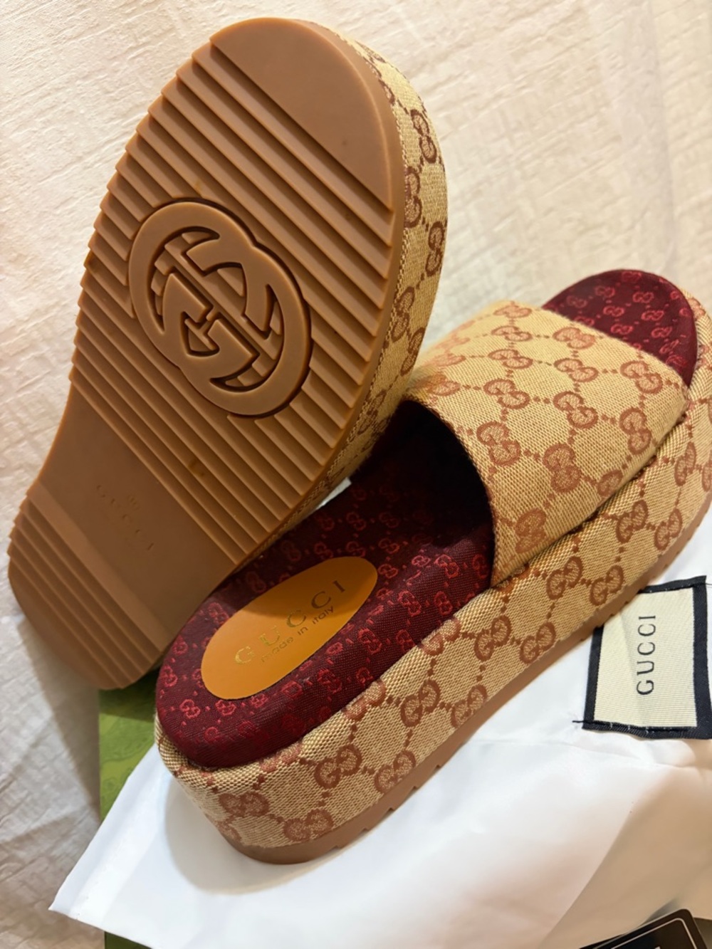Gucci monogram Brown GG Canvas Platform Slide Sandals with Burgundy Insole - Picture 12 of 14